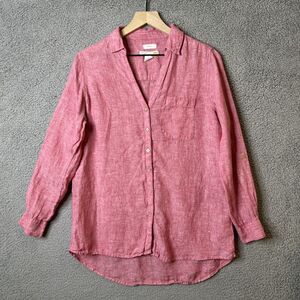 C&C CALIFORNIA Button Up Shirt Womens S Small Pink Linen V Neck Tunic Roll Tab